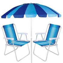 Kit Guarda-sol 2,20 M Aluminio Azul Sky + 2 Cadeiras Aluminio 1 Posicao Pesca / Praia Mor