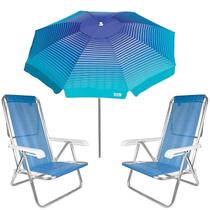 Kit Guarda Sol 2,2m Articulado Cancun Azul Cadeira 8 Posições Alumínio Sannet Praia Piscina Camping - Tobee
