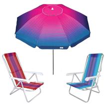 Kit Guarda Sol 2,2m Articulado Cancun Rosa 2 Cadeira 8 Posições Alumínio Praia Piscina Camping - Tobee