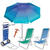 Kit Guarda Sol 2,2m Cancun Carrinho De Praia Avanço 2 Cadeira Reclinável 8 Posições Saca Areia - Tobee