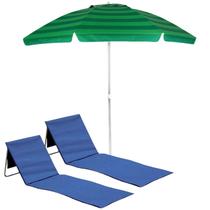 Kit Guarda Sol 2,4m Alumínio Articulado Verde Espreguiçadeira Ajustável Dobrável Com Alça Bolso Azul - Tobee