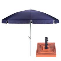 Kit Guarda Sol 2,50 m Com Manivela Articulável Grande Azul Base Madeira - Mor