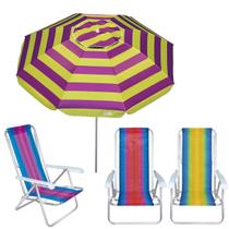 Kit Guarda Sol 2m Aruba Roxo 3 Cadeira 8 Posições Alumínio Praia Piscina Camping - Tobee