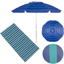 Kit Guarda-sol Azul 2 M + Esteira de Praia Listras Azul 1,80 M Mor