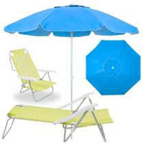 Kit Guarda Sol Azul Bahia 2 M Bagum e Aluminio + Cadeira de Praia 6 Posicoes Amarela Sunny Bel
