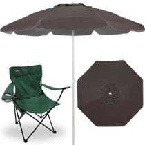 Kit Guarda Sol Marrom 2 M Bagum e Aluminio+ Cadeira Dobravel Alvorada Camping / Pesca