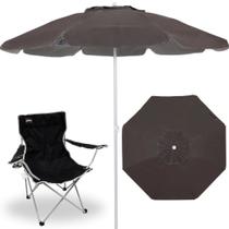 Kit Guarda Sol Marrom 2 M Bagum e Aluminio+ Cadeira Dobravel Alvorada Preta Camping / Pesca