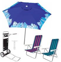 Kit Guarda Sol Ombrelone 2,4m Azul Carrinho Praia Avanço 2 Cadeira Reclinável 4 Posições Saca Areia - Tobee
