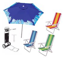 Kit Guarda Sol Ombrelone 2,4m Azul Carrinho Praia Avanço 3 Cadeira Reclinável 4 Posições Saca Areia - Tobee