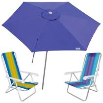 Kit Guarda Sol Ombrelone 2,4m Malibu Azul 2 Cadeira 8 Posições Alumínio Praia Piscina Camping - Tobee