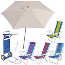 Kit Guarda Sol Ombrelone 2,4m Malibu Carrinho De Praia Avanço 4 Cadeira Reclinável 8 Posições Saca Areia - Tobee