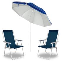 Kit Guarda Sol Praia 2,40 Mts Azul Listrado Articulado + 2 Cadeiras Alta Conforto Aluminio Sannet Azul Mor