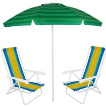 Kit Guarda Sol Praia Piscina 2,40 M Verde + 2 Cadeiras de Praia Aco Mor