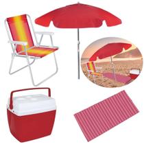 Kit Guarda-sol Vermelho 1,60m + Cadeira de Aluminio + Caixa Termica 34 L + Esteira 1,80 M