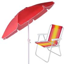 Kit Guarda Sol Vermelho 2,50 M Manivela + Uma Cadeira de Praia Aluminio