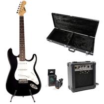 Kit guitarra stratocaster land l-g1 bk+case+acessórios
