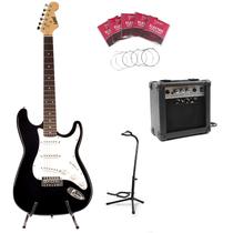 Kit guitarra stratocaster land l-g1 bk+cubo tg10+acessórios