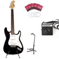 Kit guitarra stratocaster land l-g1 bk+cubo tg5+acessórios