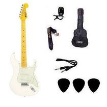 kit Guitarra Tagima TG530 Strato Branca vintage Capa, Afinador, Correia, Cabo e 3 Palhetas
