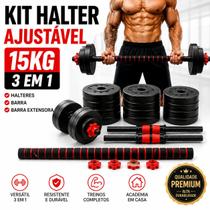 Kit Halter 3 em 1 Ajustável 15kg Musculação Anilhas Barra Halteres Academia em Casa Treino Completo