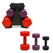 Kit Halter Sextavado Peso 1kg 2kg 3kg Treino em Casa Academia Suporte Kit Com Total de 12kg
