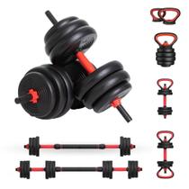 Kit Halteres Barra Kettlebell 6 em 1 Peso Musculação treino em casa até 50kg Ajustável Preto