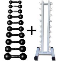 Kit Halteres de Ferro Pares de 1Kg ao 10Kg com Suporte de Chão Branco