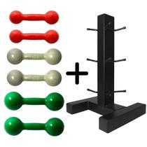Kit Halteres Emborrachados Pares de 1Kg 2Kg e 3Kg com Suporte de Chão Preto