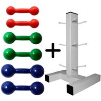 Kit Halteres Emborrachados Pares de 1Kg 3Kg e 5Kg com Suporte de Chão Branco