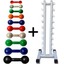 Kit Halteres Emborrachados Pares de 1Kg ao 10Kg com Suporte de Chão Branco
