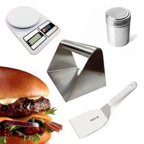 Kit Hamburgueiro 4 Peças Prensa Smash / Balança / Espátula e Dispenser de Temperos KFRG34 Kit Hamburgueiro 4 Peças Prensa Smash / Balança / Espátula e Dispenser de Temperos KFRG34