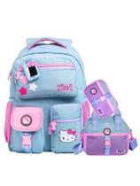 Kit Hello Kitty Jeans Mochila Rodas + Lancheira + Estojo Box