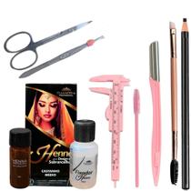 Kit Henna Chandra Sobrancelha Profissional Designer Pincel Lápis Pinça Tesoura Navalha Paquímetro