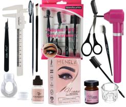 Kit Henna Menela Com Fixador Sobrancelha Completo Tesoura Pincel Mixer Dappen Navalha Paquímetro