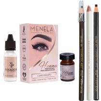 Kit Henna Menela Designer Sobrancelha com 3 Lápis Dermatografico Profissional Preto Branco e Marrom