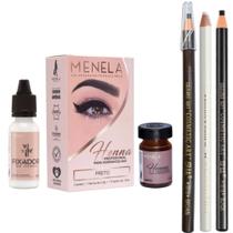 Kit Henna Menela Designer Sobrancelha com 3 Lápis Dermatografico Profissional Preto Branco e Marrom