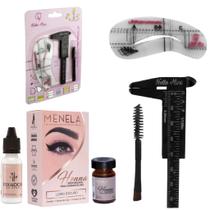 Kit Henna Menela Sobrancelha Escolha A Cor Pincel Duplo Paquímetro 6 Moldes Profissional