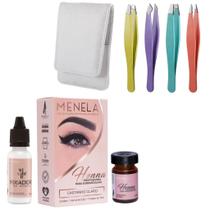 Kit Henna Para Sobrancelhas Menela 2,5g COM 4 Pinças Profissional Fina Chanfrada Reta