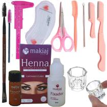 Kit Henna sobrancelha Makiaj Pincel Macrilan Paquimetro Navalha Moldes Dappen Design sobrancelha