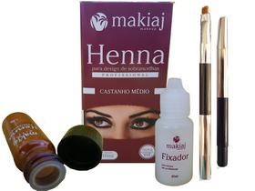 Kit Henna Sobrancelha Profissional Design Makiaj Castanho Médio + Mini Pincel Chanfrado com tampa