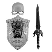 Kit Herói Medieval Prata com Máscara, Escudo e Espada