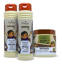 Kit Hidratante De Coco Kids Boy Maycrene - Shampoo, Cond e Gelatina Capilar Modela Cachos