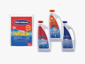 Kit HIDROAZUL Piscinas Cloro Multiação 1kg Algicida Manutenção 1L Floc Plus 2em1 1L Algicida Choque 1L