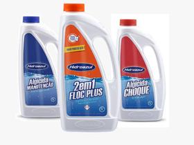 Kit HIDROAZUL tratamento Piscinas Liquido Algicida Manutenção 1L Floc Plus 3em1 1L Algicida Choque 1L