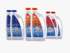 Kit HIDROAZUL tratamento Piscinas Liquido Algicida Manutenção 2L Floc Plus 3em1 2L Algicida Choque 2L