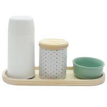 Kit higiene 4 peças Poá - Molh.Verde c/ garrafa Tampas pinus