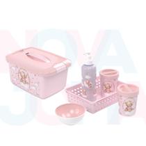 Kit Higiene 5 Peças + Caixa Organizadora Ursa Rosa