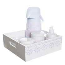 Kit Higiene Bandeja Lisa Renda Com 6 Peças E Capa Quarto Bebê Menina