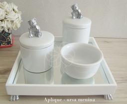 Kit Higiene Bandeja MDF Porcelanas Apliques Prata Quarto Bebê - Ciranda arte - criativa
