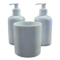 Kit higiene banheiro 3 peças - Pote e porta álcool - Porcelana Branca